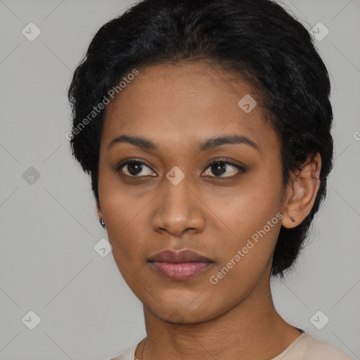 Neutral black young-adult female with short  black hair and brown eyes