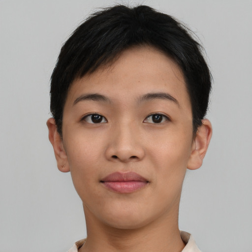 Neutral asian young-adult female with short  black hair and brown eyes