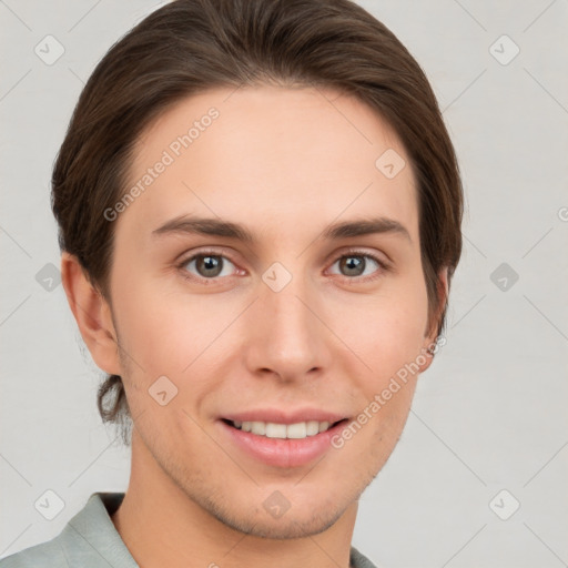 Joyful white young-adult female with short  brown hair and grey eyes