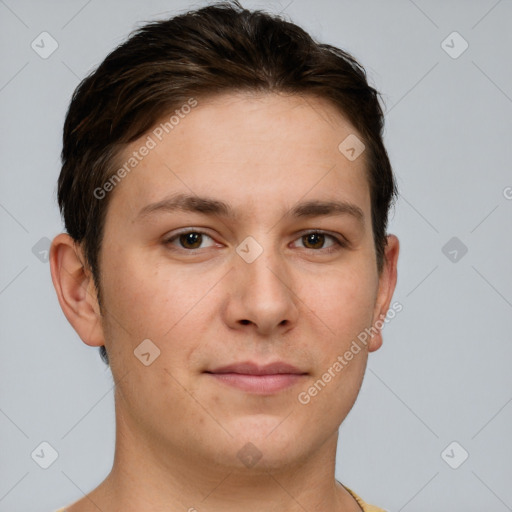 Joyful white young-adult female with short  brown hair and brown eyes