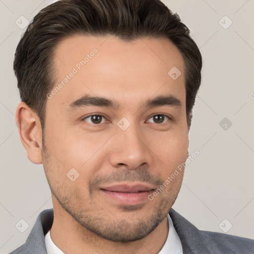 Joyful white young-adult male with short  brown hair and brown eyes