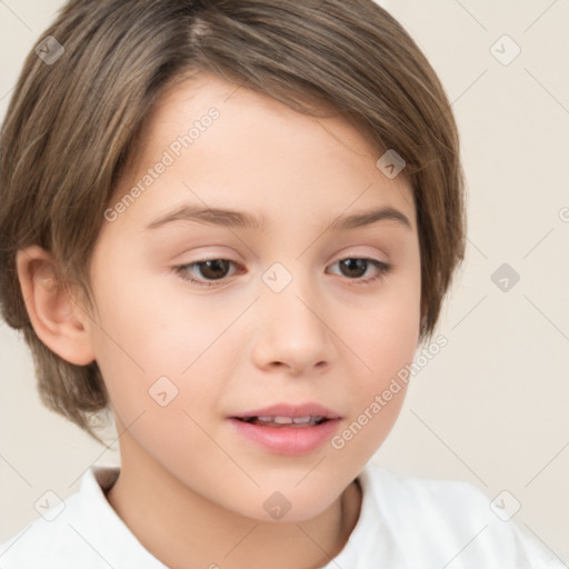 Joyful white child female with short  brown hair and brown eyes