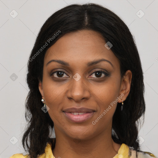 Joyful black young-adult female with medium  brown hair and brown eyes