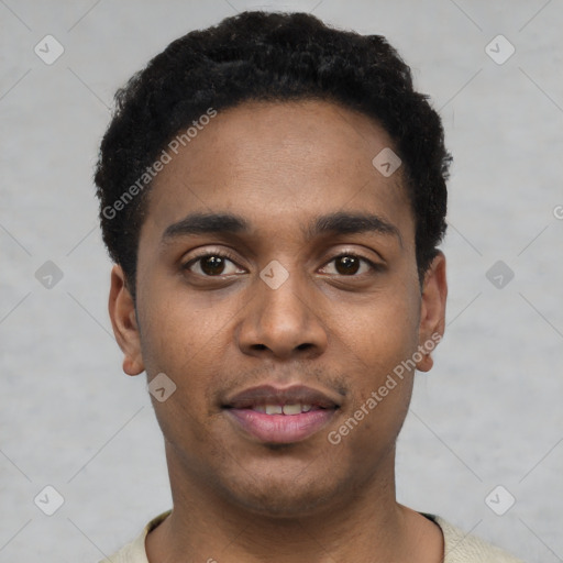 Neutral black young-adult male with short  black hair and brown eyes