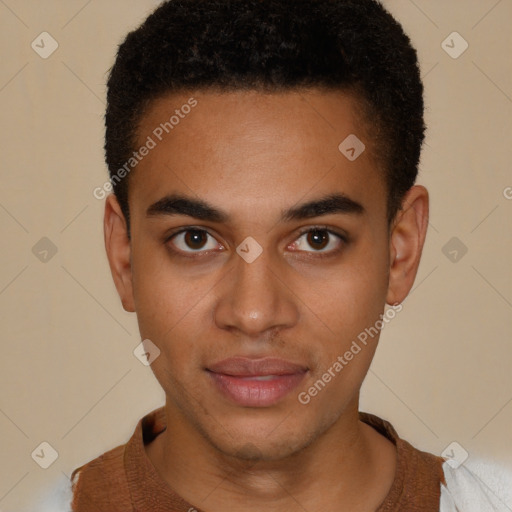 Neutral latino young-adult male with short  brown hair and brown eyes