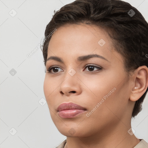 Neutral white young-adult female with short  brown hair and brown eyes