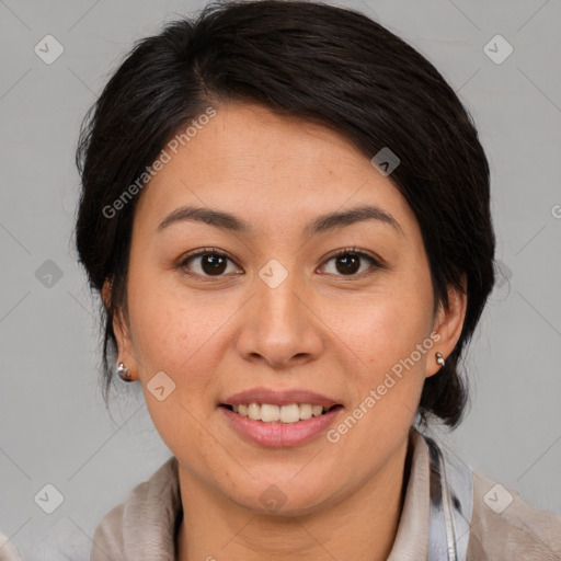 Joyful white young-adult female with medium  brown hair and brown eyes