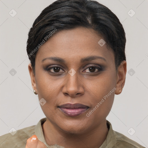 Joyful latino young-adult female with short  brown hair and brown eyes