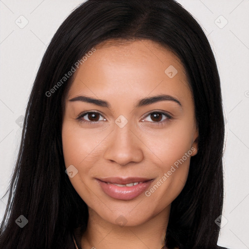 Joyful latino young-adult female with long  brown hair and brown eyes