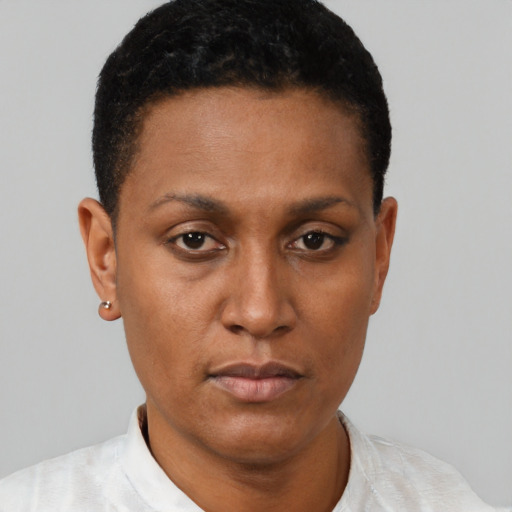 Neutral black young-adult female with short  black hair and brown eyes