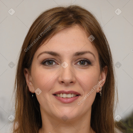 Joyful white young-adult female with long  brown hair and grey eyes