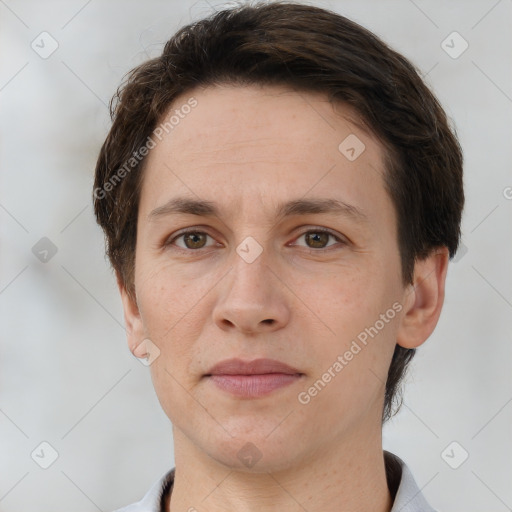 Joyful white adult female with short  brown hair and brown eyes