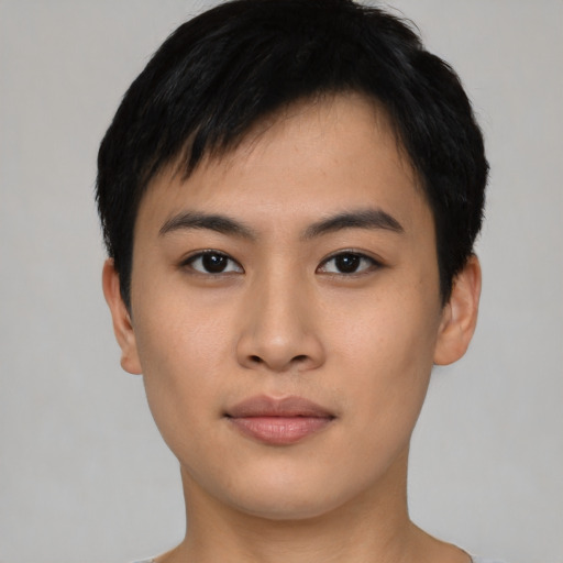 Neutral asian young-adult male with short  black hair and brown eyes