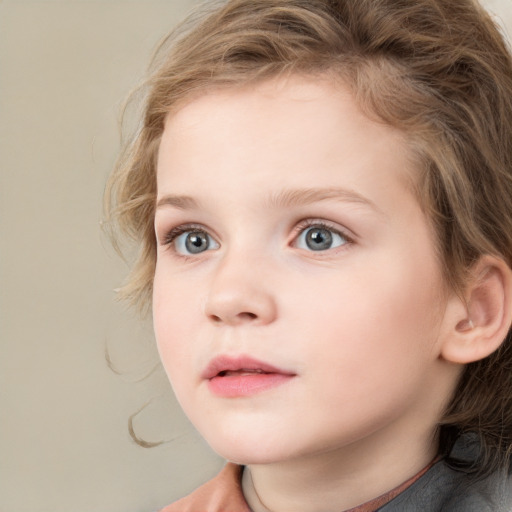 Neutral white child female with medium  brown hair and blue eyes