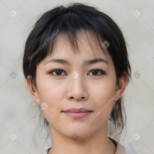 Neutral asian young-adult female with medium  brown hair and brown eyes