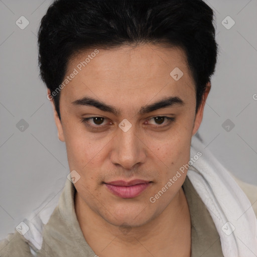 Joyful latino young-adult female with short  black hair and brown eyes