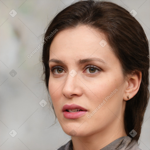 Neutral white young-adult female with medium  brown hair and brown eyes