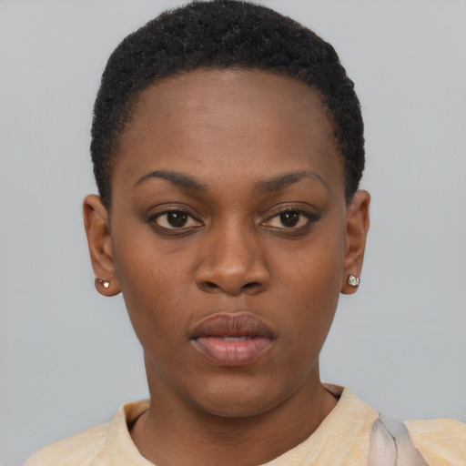 Neutral black young-adult female with short  black hair and brown eyes