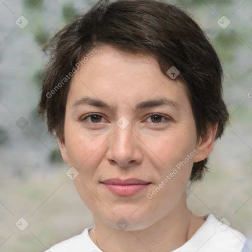 Joyful white adult female with medium  brown hair and brown eyes