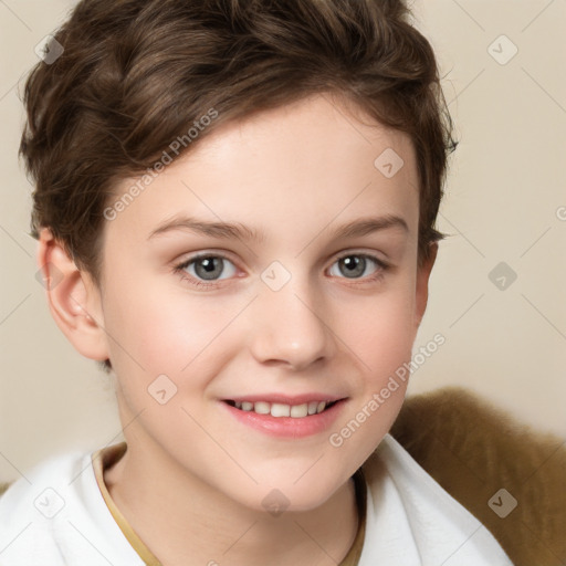 Joyful white child female with short  brown hair and brown eyes