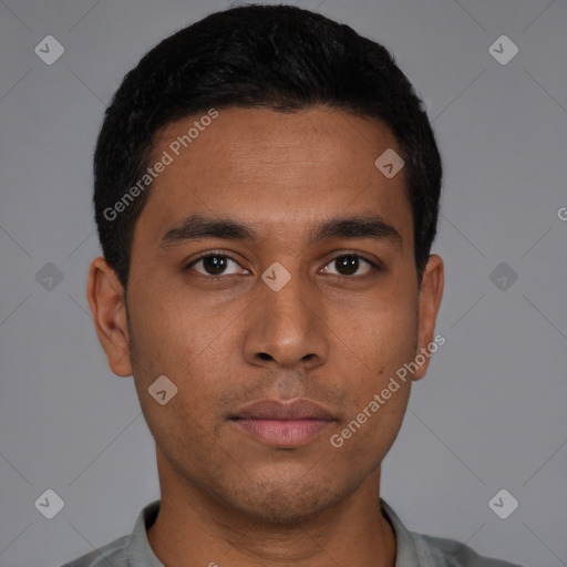 Neutral latino young-adult male with short  black hair and brown eyes