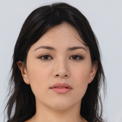 Neutral asian young-adult female with long  brown hair and brown eyes
