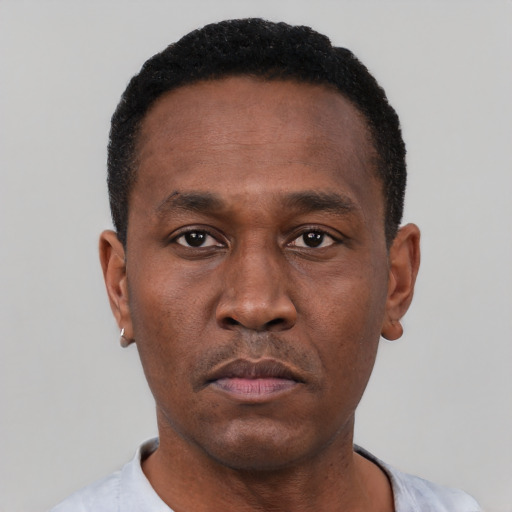 Neutral black young-adult male with short  black hair and brown eyes