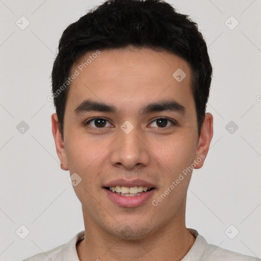 Joyful white young-adult male with short  black hair and brown eyes