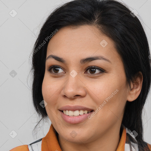 Joyful asian young-adult female with medium  brown hair and brown eyes