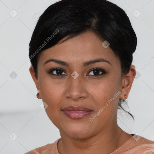 Joyful asian young-adult female with short  brown hair and brown eyes