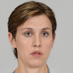 Neutral white young-adult female with short  brown hair and brown eyes