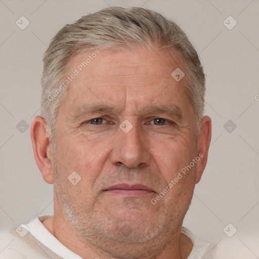 Neutral white middle-aged male with short  gray hair and brown eyes