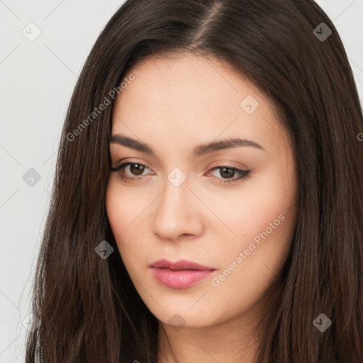 Neutral white young-adult female with long  brown hair and brown eyes