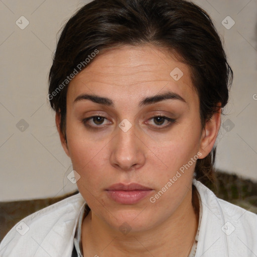 Neutral white young-adult female with medium  brown hair and brown eyes