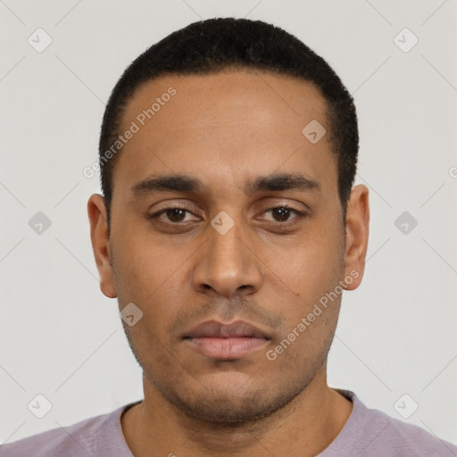 Neutral latino young-adult male with short  black hair and brown eyes