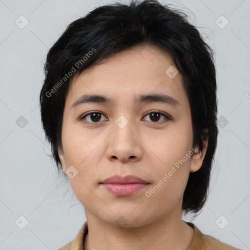 Neutral asian young-adult female with medium  brown hair and brown eyes