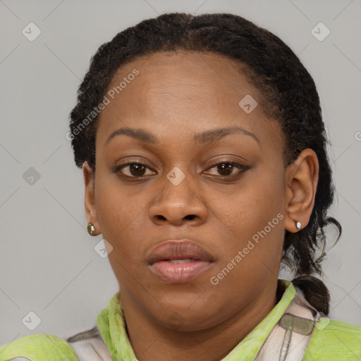 Neutral black young-adult female with short  brown hair and brown eyes