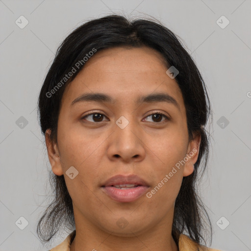 Joyful asian young-adult female with medium  brown hair and brown eyes