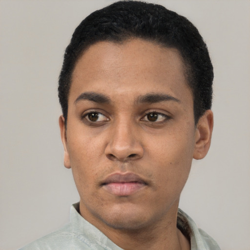 Neutral latino young-adult male with short  black hair and brown eyes