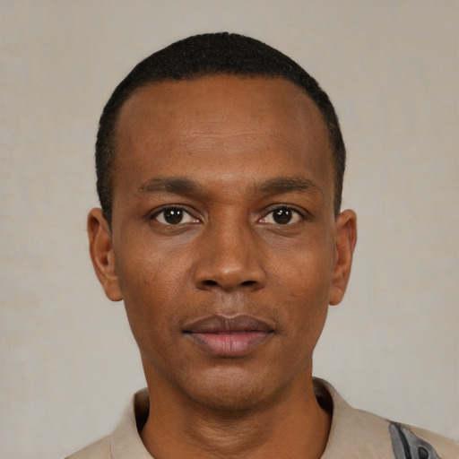 Neutral black young-adult male with short  black hair and brown eyes