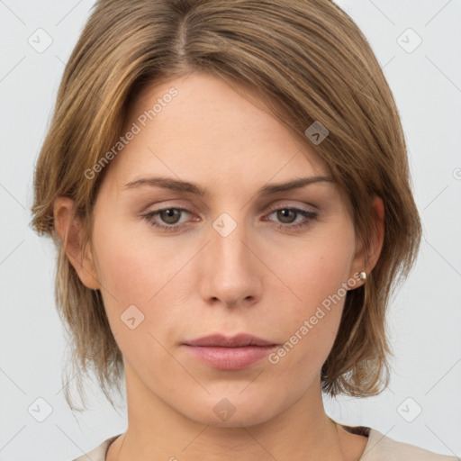 Neutral white young-adult female with medium  brown hair and grey eyes