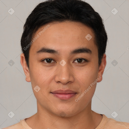 Joyful latino young-adult male with short  black hair and brown eyes