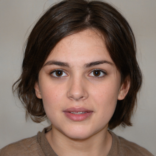 Neutral white young-adult female with medium  brown hair and brown eyes