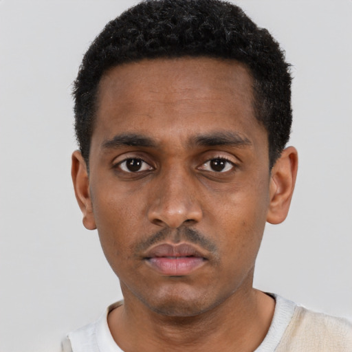 Neutral black young-adult male with short  black hair and brown eyes