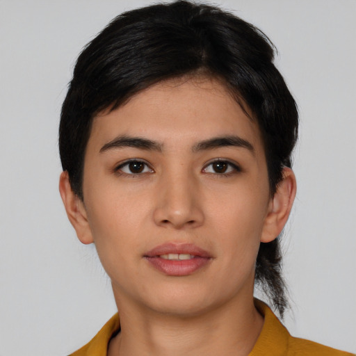 Neutral asian young-adult female with short  black hair and brown eyes