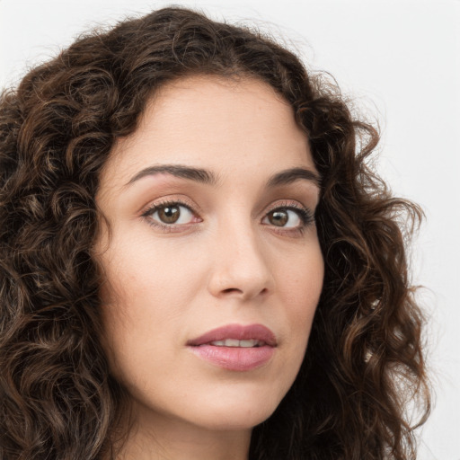 Neutral white young-adult female with long  brown hair and green eyes