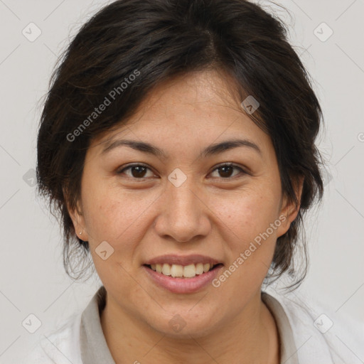 Joyful white adult female with medium  brown hair and brown eyes