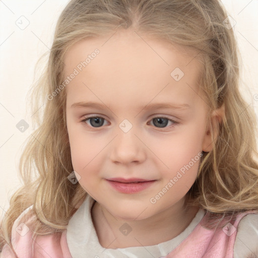 Joyful white child female with medium  brown hair and grey eyes