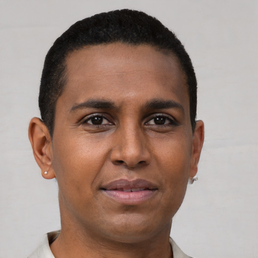 Neutral black young-adult male with short  brown hair and brown eyes