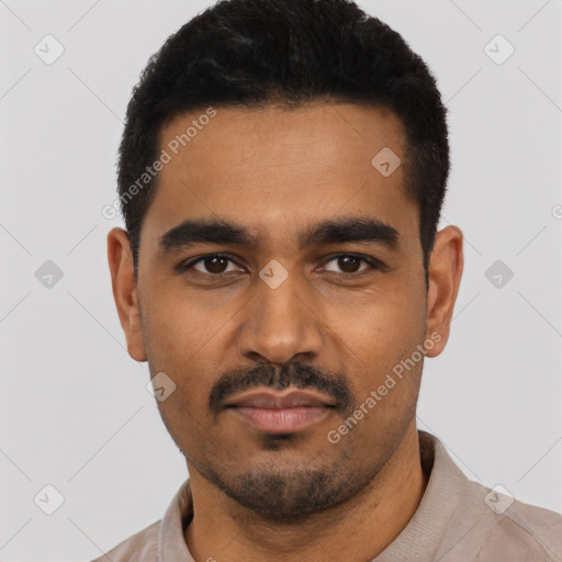 Neutral latino young-adult male with short  black hair and brown eyes